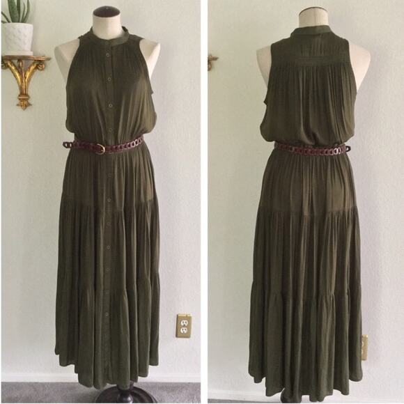 🆕 NWT Olive Green Maxi Dress Tiered Flowing Loose Bottom Skirt Button Down Top - Picture 7 of 8